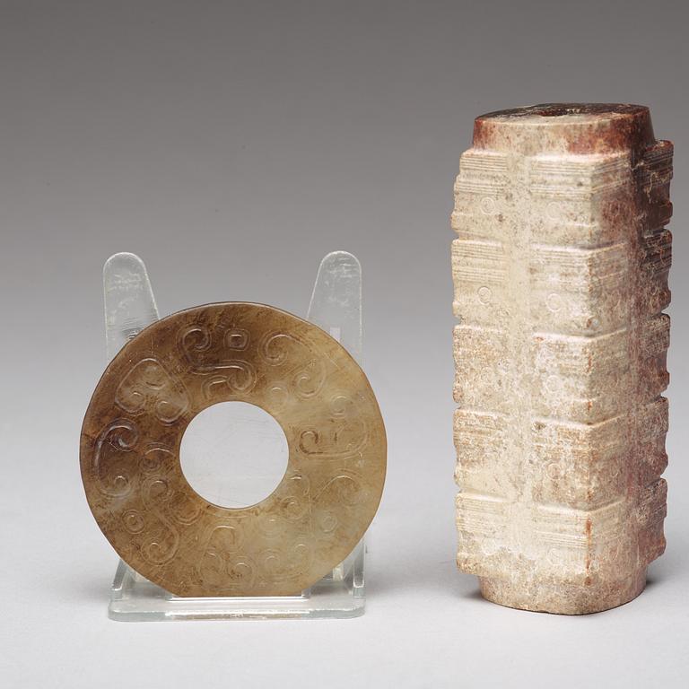 An archaistic Chinese nephrite cong and bi disc.