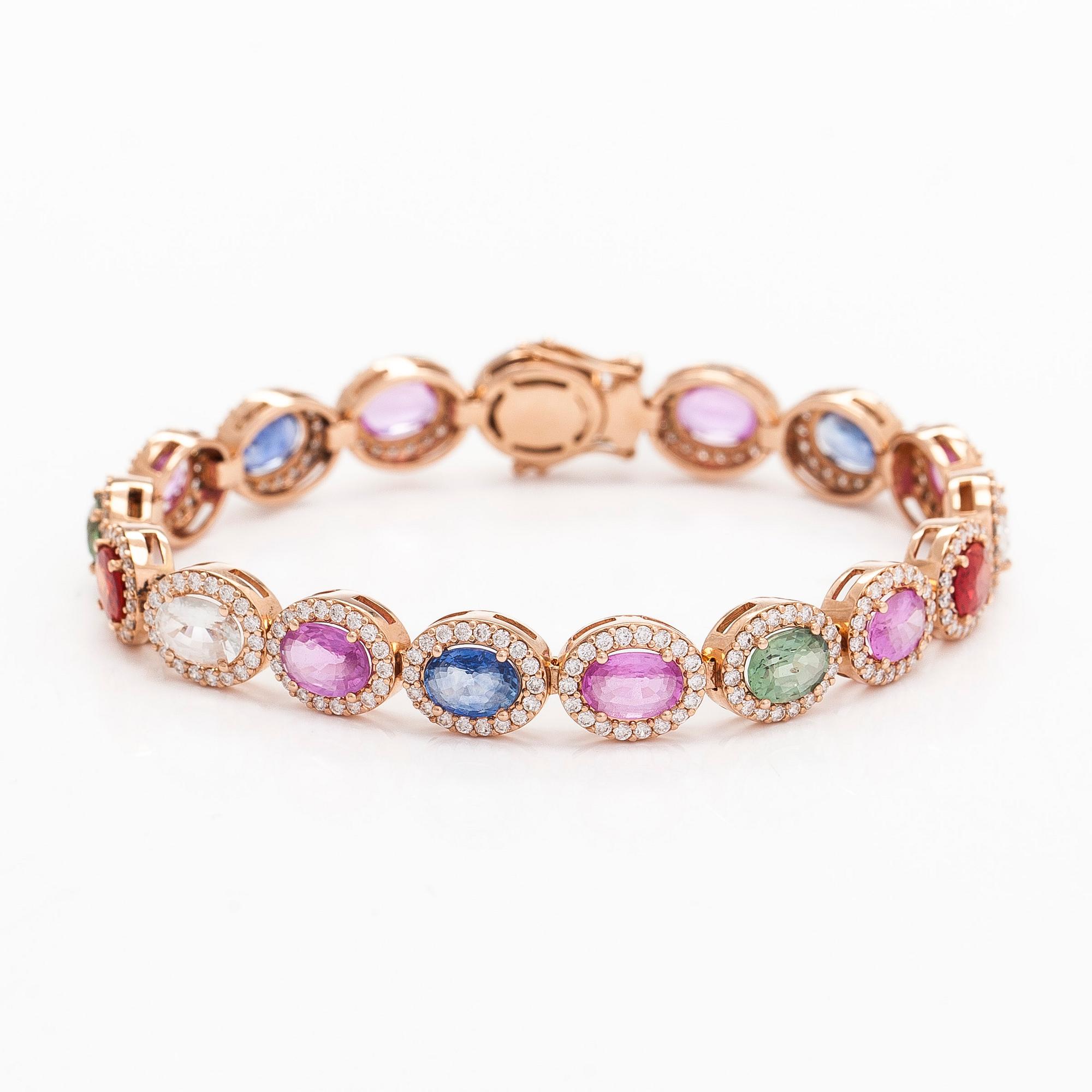 A multi colour sapphire and diamond bracelet in 14K rosegold.