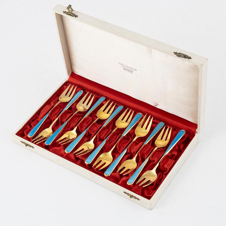 Twelve gilt silver and enamel forks, N.M. Thune, Norway, mid 20th century.