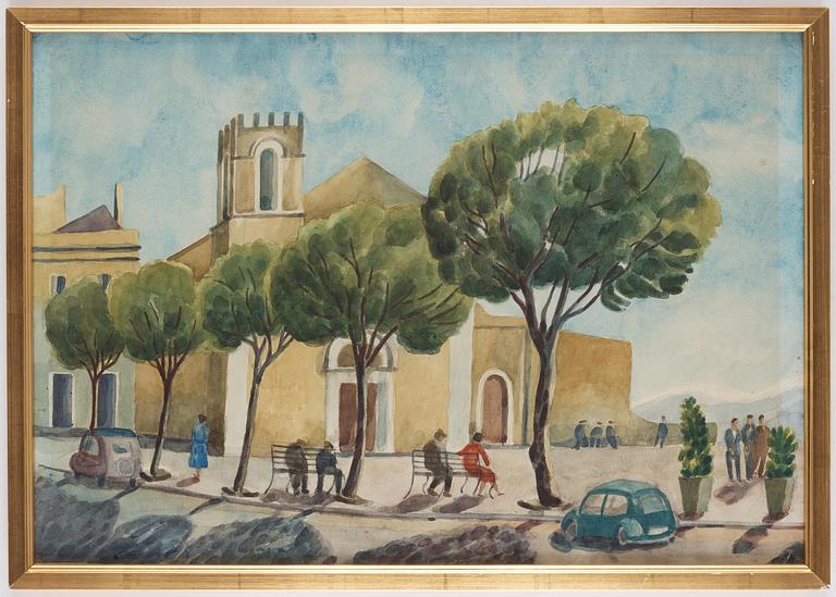 Josef Frank, akvarell, torgscen med kyrka.