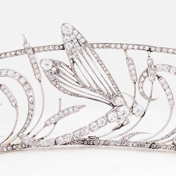 An important Boucheron dragonfly tiara, 1909, platinum set with diamonds.