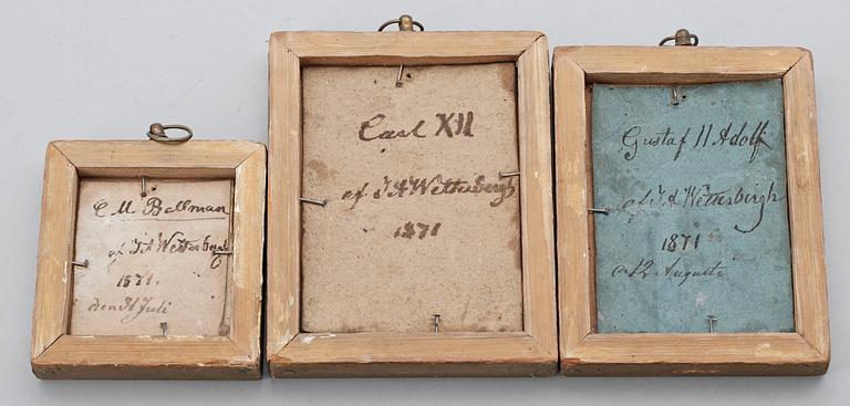 ALEXIS JULIUS WETTERBERGH, olja på pannå 3 st, miniatyrer. Sign o dat 1871 a tergo.