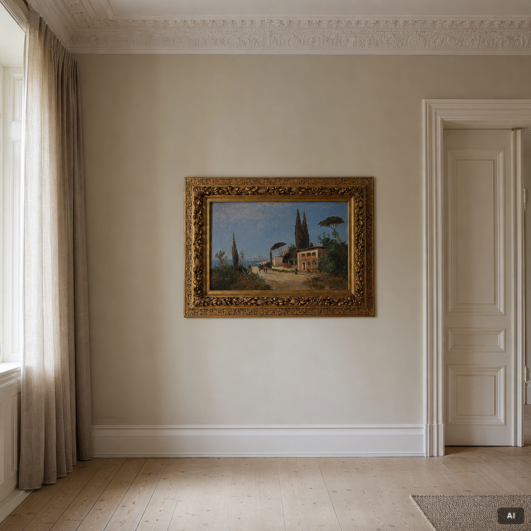Unknown artist, 19th/20th century, possibly Georg Fischhof. Southern village by the sea.