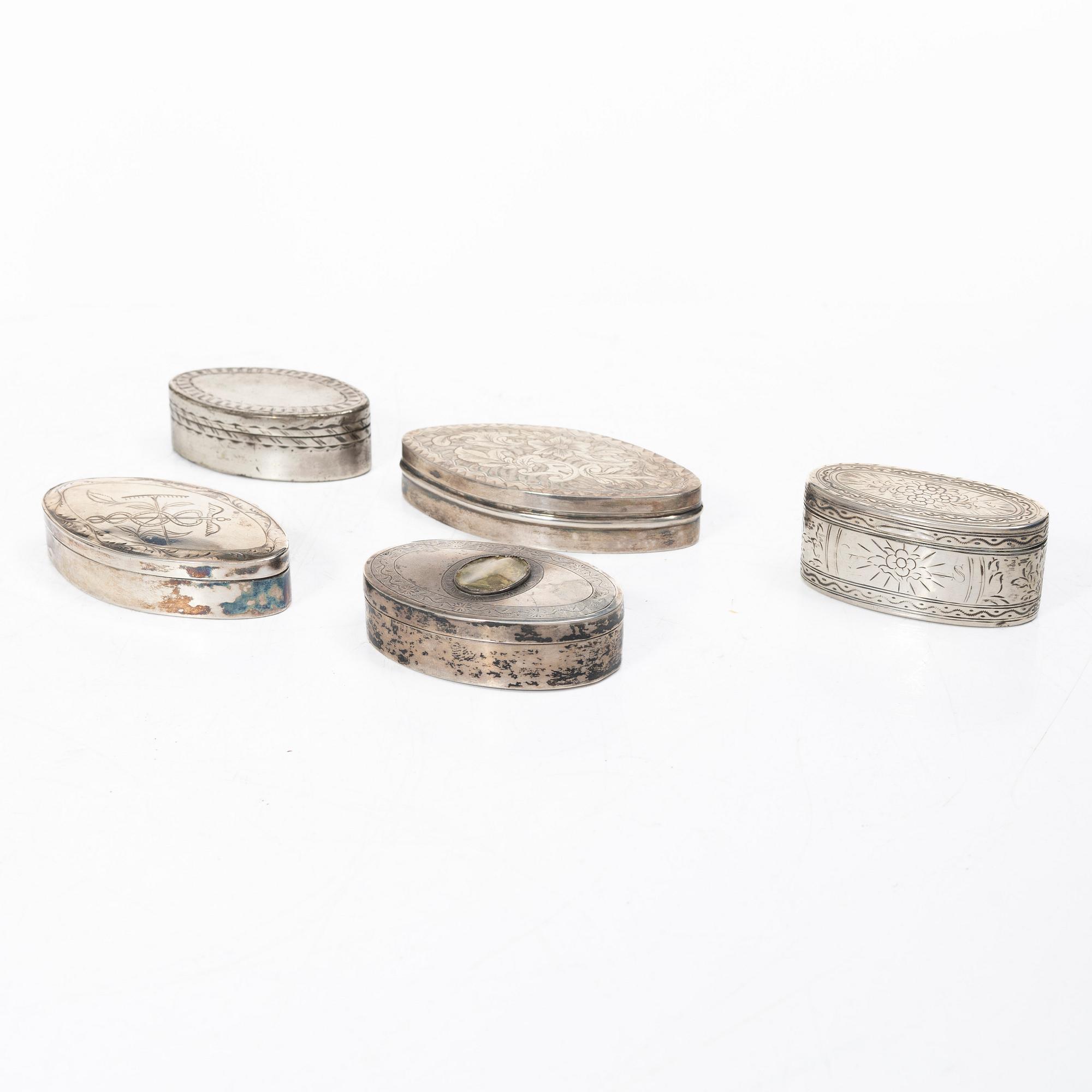 Five silver boxes, 19th century.