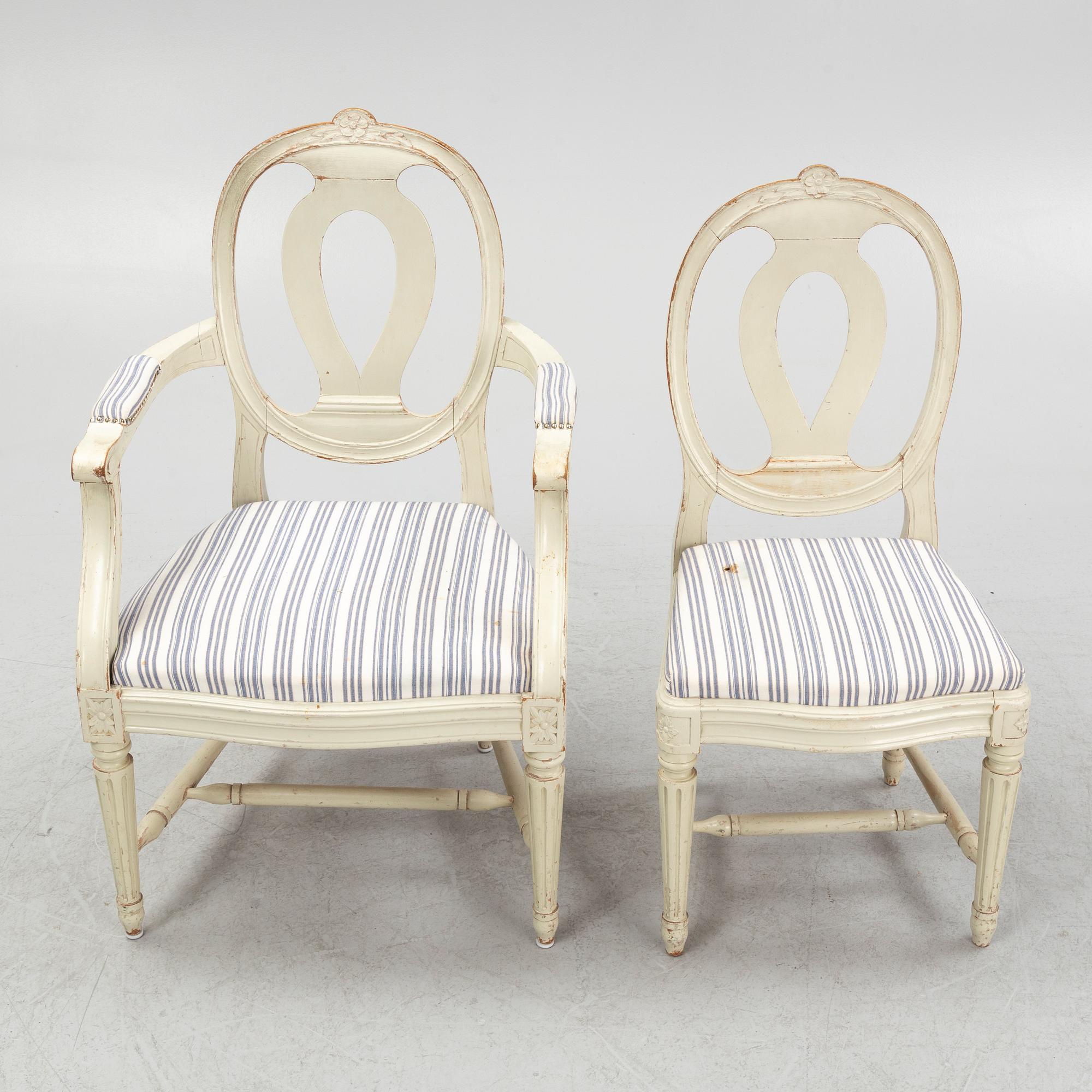 Stolar, 4 st och karmstolar, ett par, gustaviansk stil, 1900-talets första hälft.