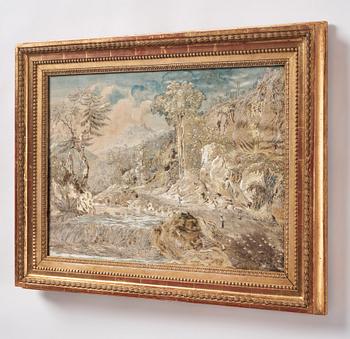 Ram, av Pehr Ljung (1743-1819) bildhuggare i Stockholm, originalförgylld ram med sidenbroderi, Gustaviansk.