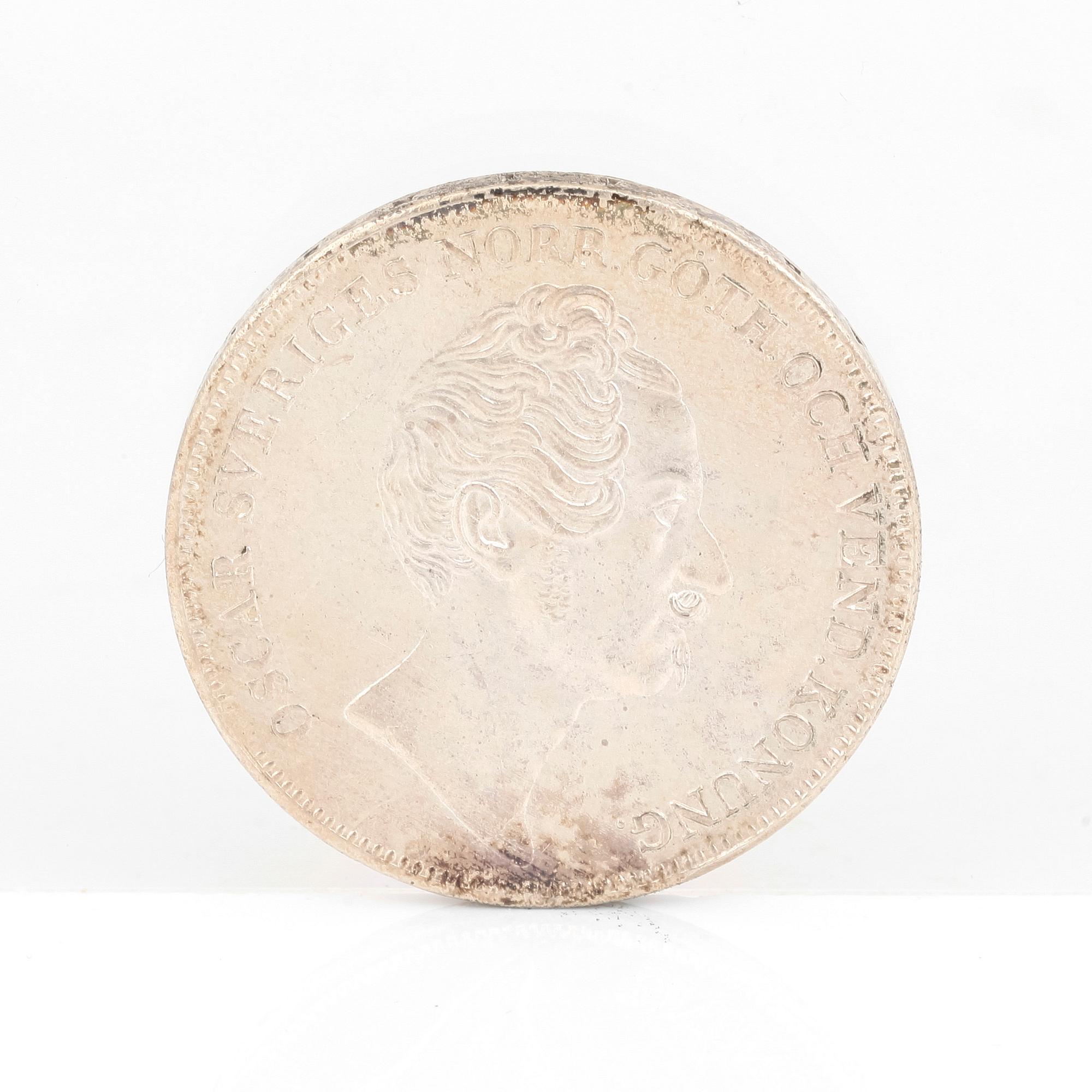 SILVERMYNT, 1 Riksdaler Specie, Oskar I av Sverige o Norge 1848. Vikt ca 34 gram.