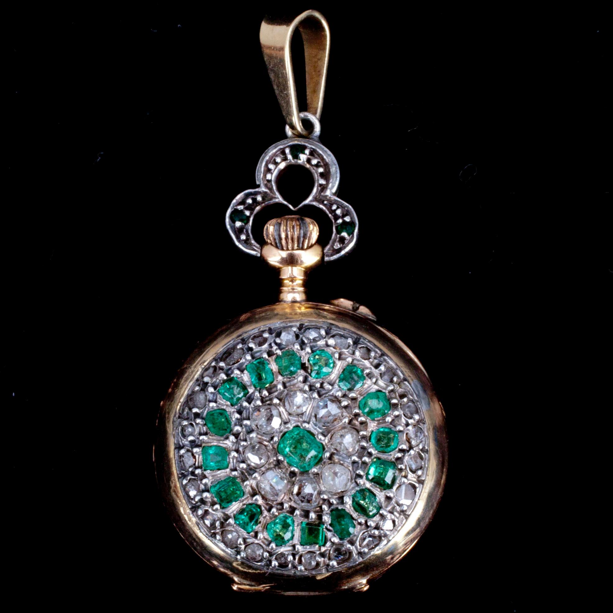 DAMUR, guld 14K, smaragder, rosenslipade diamanter. 1800-talets slut.