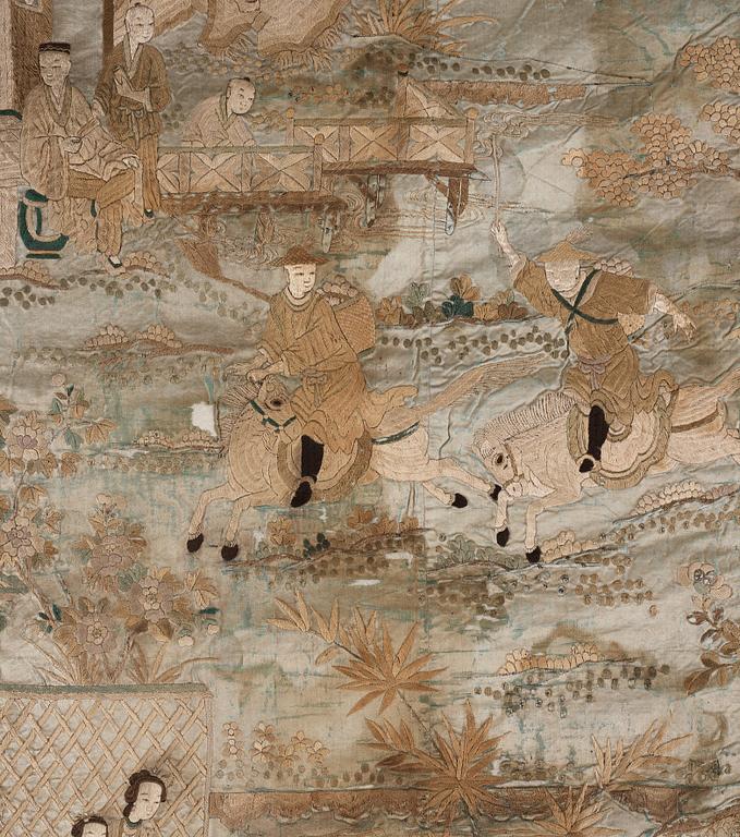 A large embroidered silk panel, Qing dynasty, circa 1800.