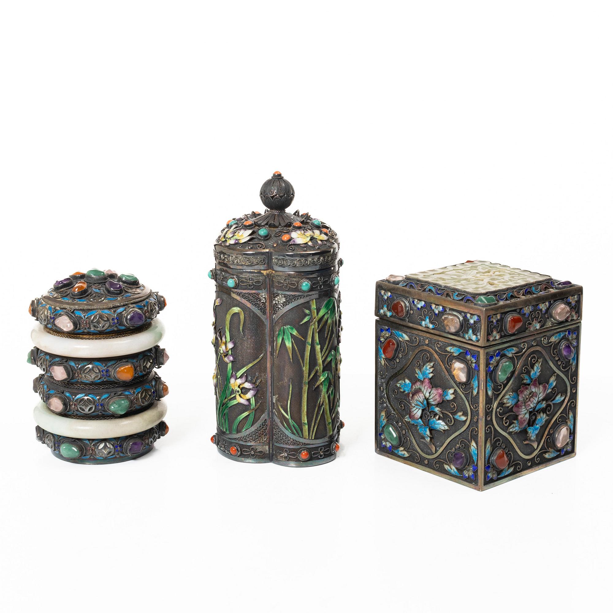 Three enamel and silver boxes, Tibet, first half of the 20th century.
