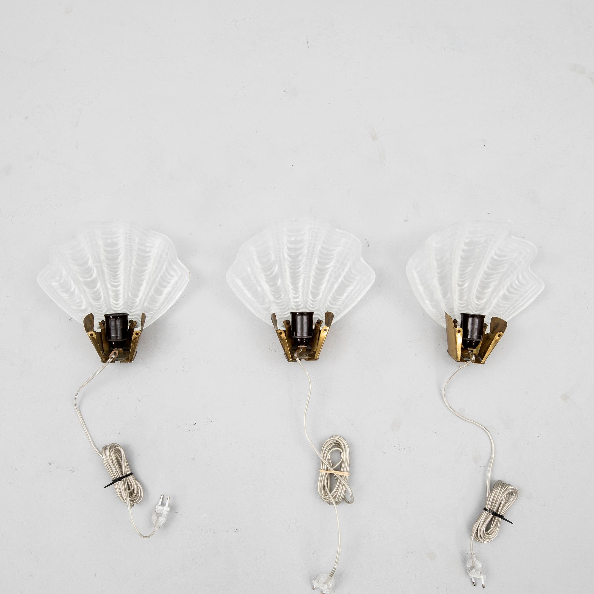 Vägglampor 3 st "coquille" ASEA belysning 1940-tal.