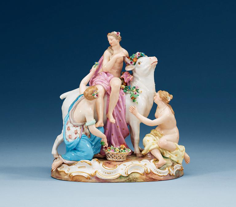 A Meissen figure group depicting Europa and the Bull, ca 1900.