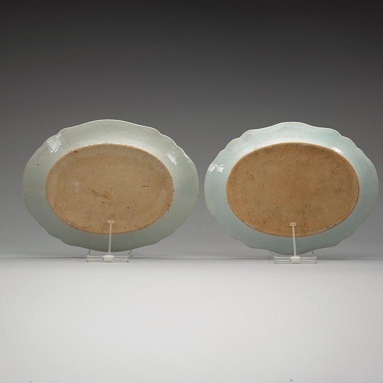 Two larger and one small famille rose 'double peacock' serving dish, Qing dynasty, Qianlong (1736-95).