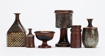 A set of six Stig Lindberg stoneware miniatures, Gustavsberg studio 1960's-70's.