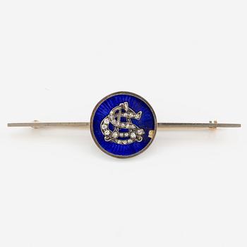 Brooch, gold/silver with blue enamel and monogram set with rose-cut diamonds.