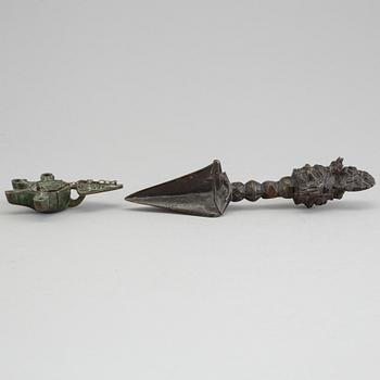 An early 20th century Tibetian bronze Phurba (ritual dagger) and censor.