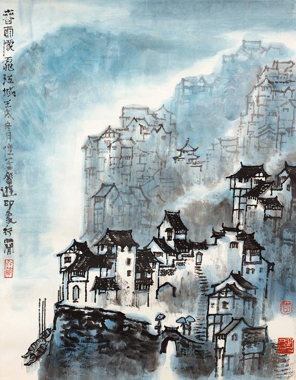 A painting by Li Xingjian (1937-), 'Chunyu mengmeng jiangcheng', signed och dated 1982.