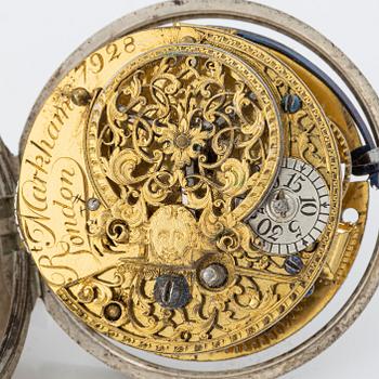 A silver double-case pocket watch by Robert Markham (watchmaker in London c 1725).