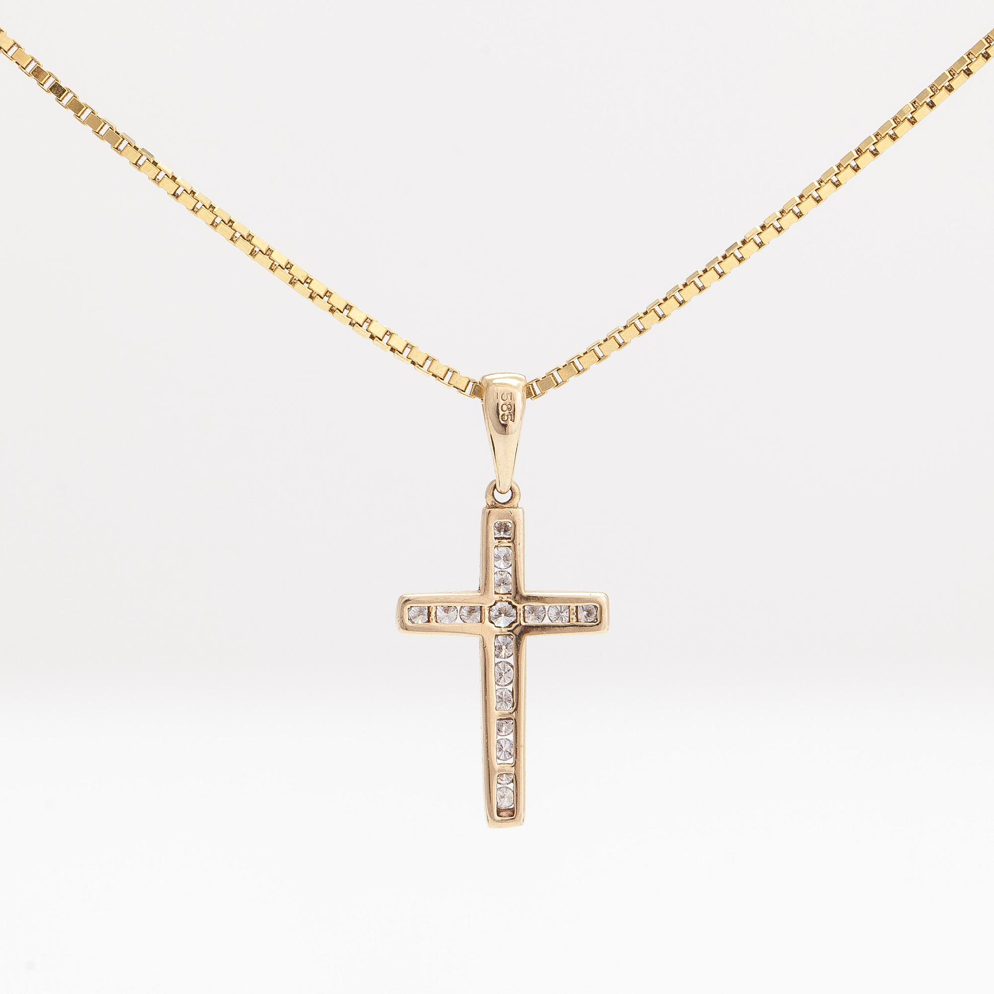 Halsband/ hänge, kors, 14K guld med diamanter tot. ca 0.19 ct.