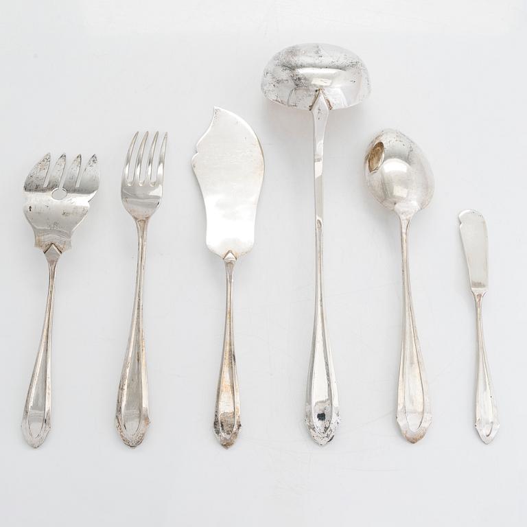 Tarjoiluvälineitä, 6 kpl, hopeaa, Varsova Puola 1920-31. Mestarinleima B.W.