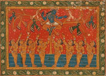 763. A 'pata-chintra' painting on cloth of Krishna and the Gopis, India, Orissa, late 19th Century.