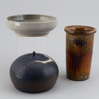 Claes Thell, two vases and a dish, glazed stoneware, signed.