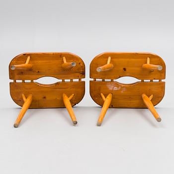 Ilmari Tapiovaara, Two mid 20th century special edition 'Pirkka' stools likely manufactured by Laukaan Puu, Finland.