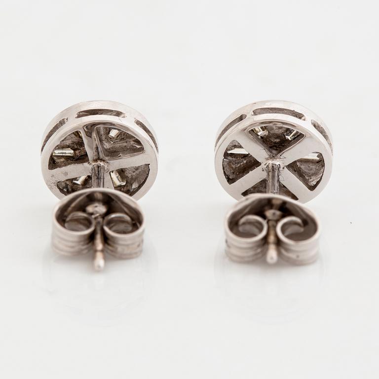 18K white gold, baguette and brilliant cut diamond earrings.