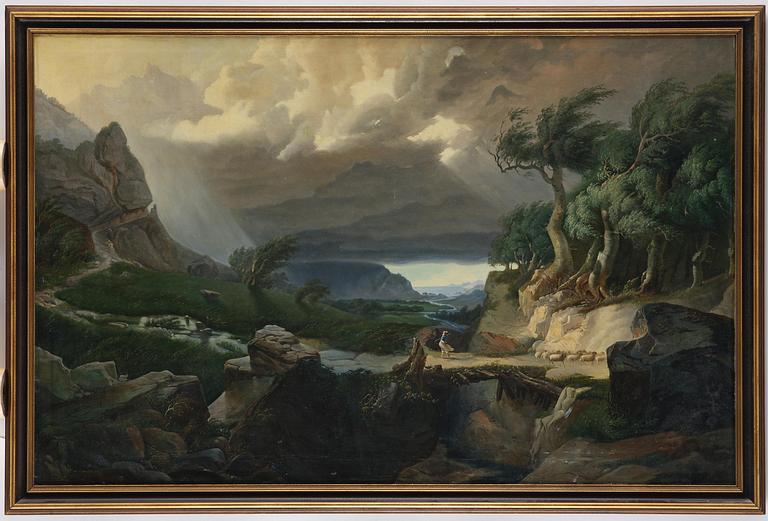 Okänd konstnär, 1800-tal, Oväderslandskap med herdinna och får.