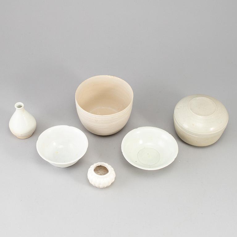 A group of white glazed South East Asian ceramics, Song style, 20th Century. (6 pieces).