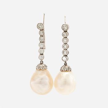 Earrings, a pair of 18K white gold with diamonds and cultured drop-shaped pearls.
