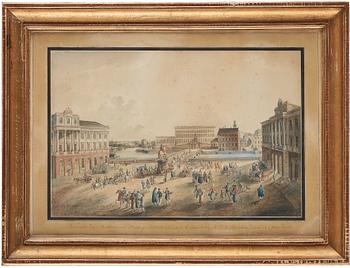 802. Johan Fredrik Martin, "Norrmalms Torg i Stockholm med Utsigt af K Slottet, K. Gustaf Adolphs Statüe, H.K.H. Prinsessans Palais o Opera Huset".