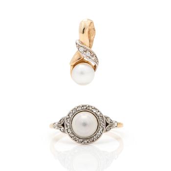 A pendant and ring with cultured pearls, rose and eight-cut diamonds.