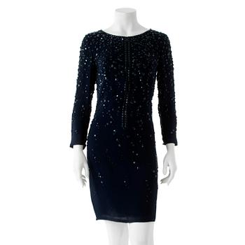 435. ESCADA, a darkblue silk cocktail dress with black decorative glasspearls.