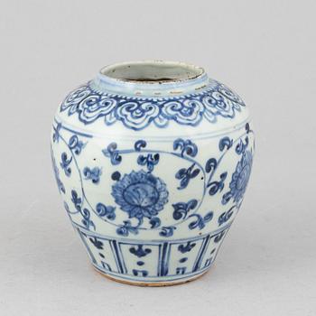 A pair of Chinese blue and white jars with covers, and one jar, Ming dynasty (1368-1644).