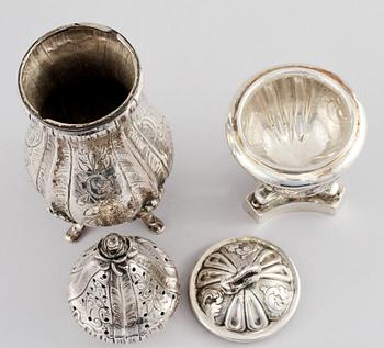 SOCKERRUSKA samt SALTKAR, silver, 1900-tal. Vikt 510 g.