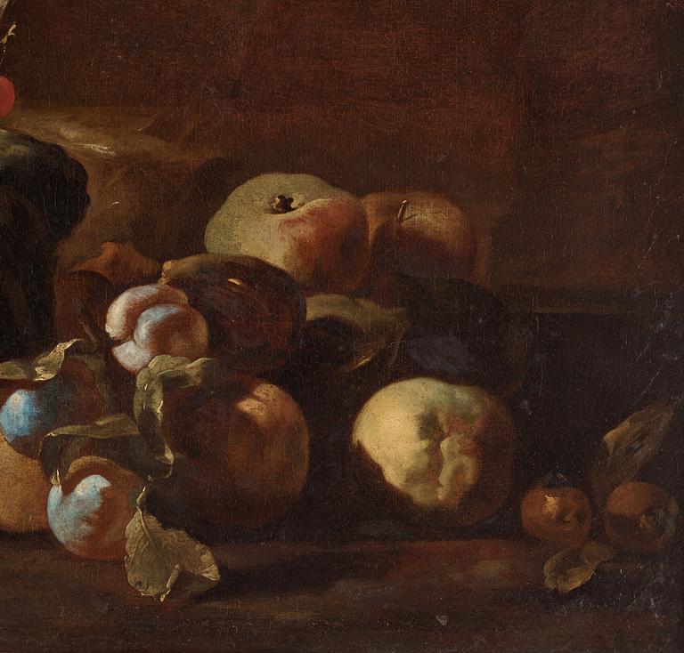Michelangelo Pace da Campidoglio Tillskriven, Stilleben med frukter i ett landskap.