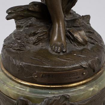A bronze, green stone table clock, 'La Merveilleuse', after Auguste Moreau, 20th century.