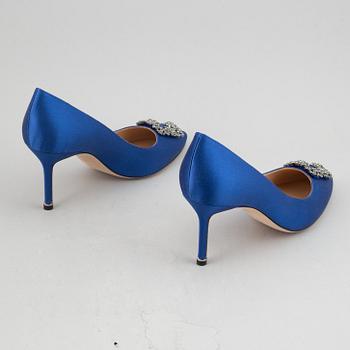 Manolo Blahnik, a pair of royal Blue satin 'Hangisi' shoes, 2020, size 41.