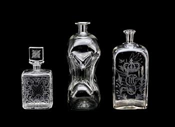 FLASKOR, 3 st, glas, 1800/1900-tal.