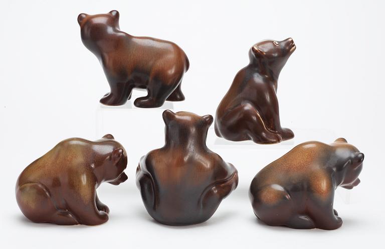 Five Gunnar Nylund stoneware figures of bears, Rörstrand.