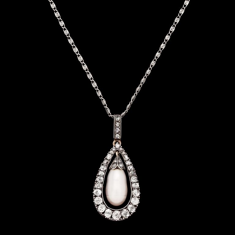 HÄNGSMYCKE, droppformad naturlig pärla med antikslipade diamanter, tot. ca 1.30 ct. 1800-tal.