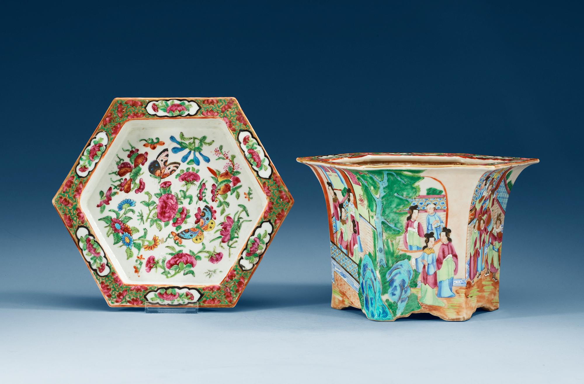 A Canton famille rose flower pot with stand, Qing dynasty, 19th Century.