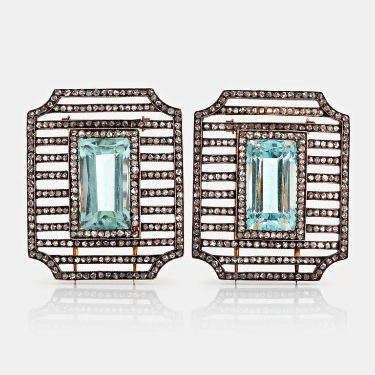 Fabergé double clip brooches, workmaster Albert Holmström, set with aquamarines and rose-cut diamonds.