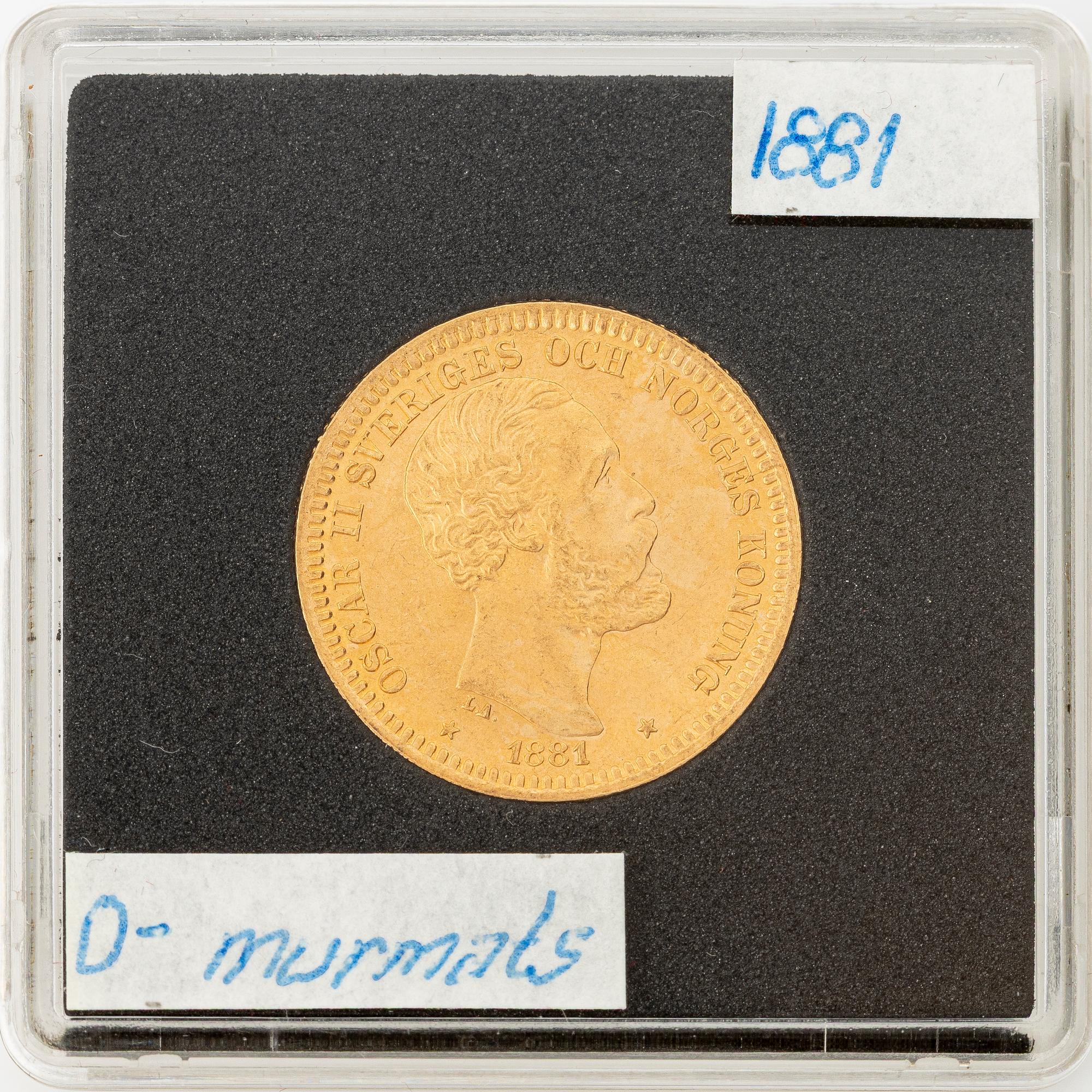 Gold coin, Oscar II, 20Kr, type III, Sweden 1881.