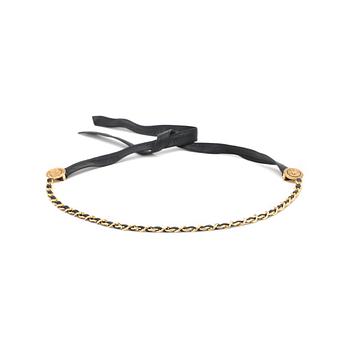444. CHANEL, a black leather belt with gold colored metal chain.