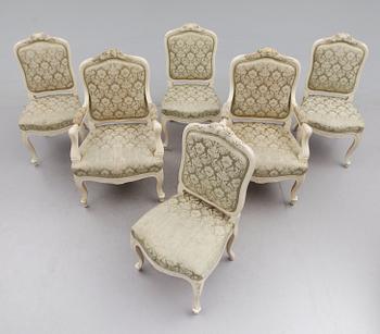 KARMSTOLAR OCH STOLAR, 6 st, rokokostil, 1900-talets första hälft.