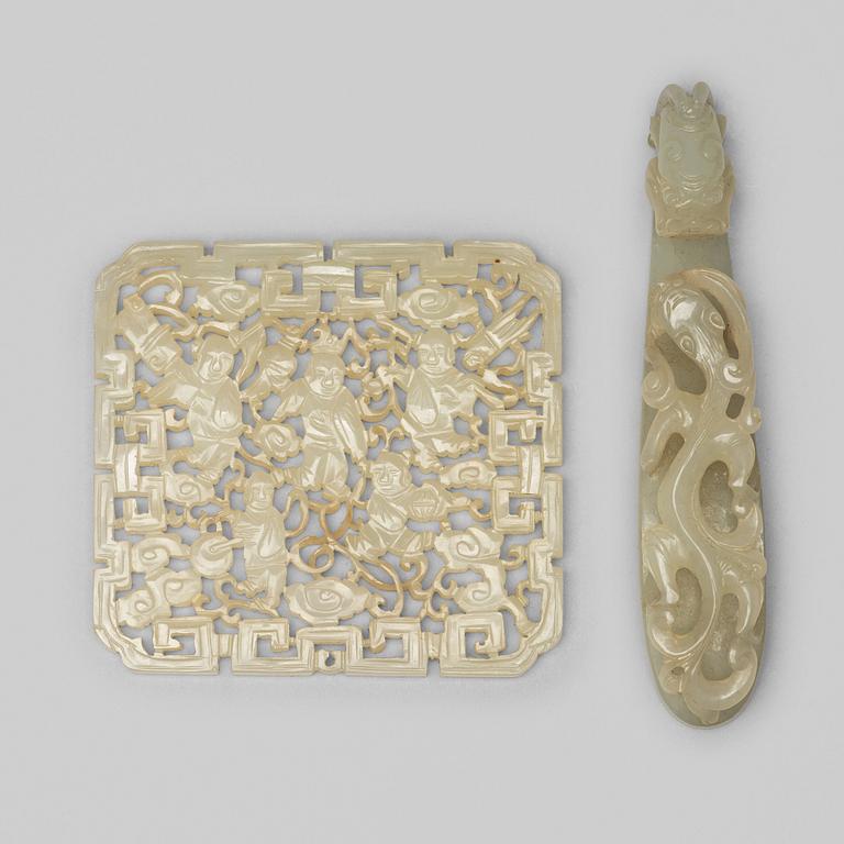 A nephrite belt hook and object, presumably late Qing dynasty, circa 1900.