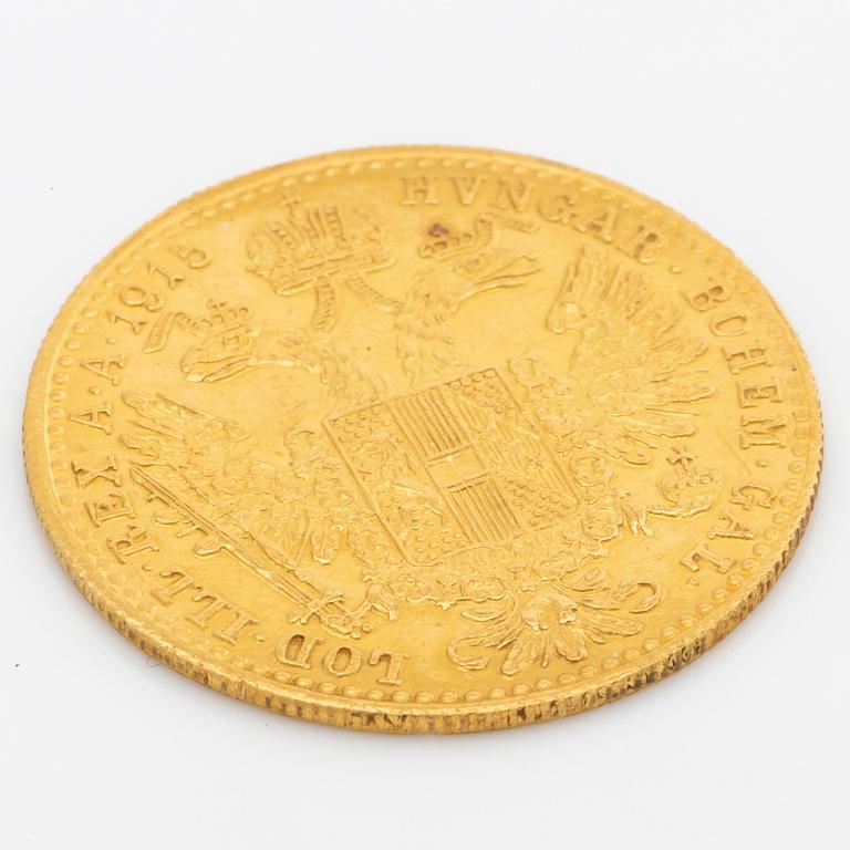 Two Austrian 1 ducat gold coins, Franz Joseph I, 1915.