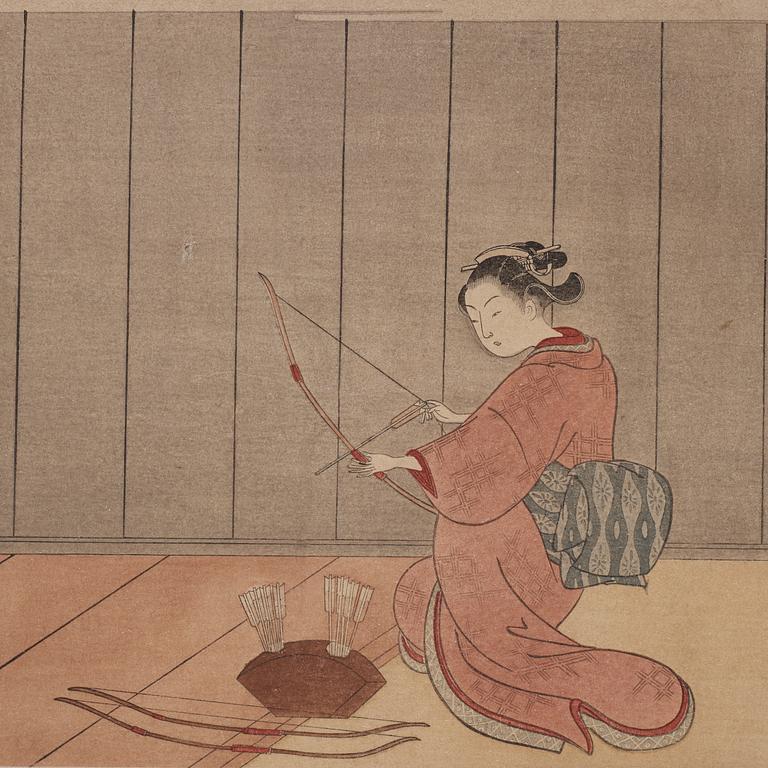 SUZUKI HARANOBU (1725-1771), efter, diptyk, färgträsnitt. Japan, "The Archery Gallery", tidigt 1900-tal.